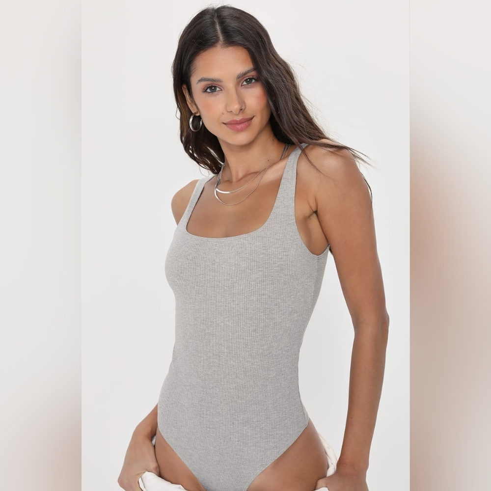 Gray Ribbed Square Neck Bodysuit - Picture 2 of 6